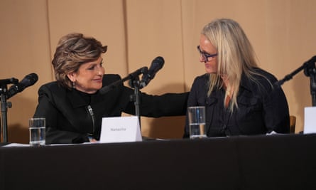 One of Fayed’s accusers, Natacha (right), is reassured by American lawyer Gloria Allred after speaking during a press conference