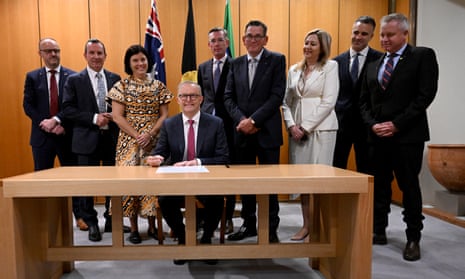 Anthony Albanese and state and territory leaders sign statement of intent backing a voice to parliament