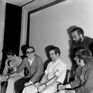 Showing solidarity with the French students, film directors Claude Lelouch, Jean-Luc Godard, Francois Truffaut, Roman Polanski and Louis Malle (standing) strike during the Cannes Film Festival on 18 May 1968