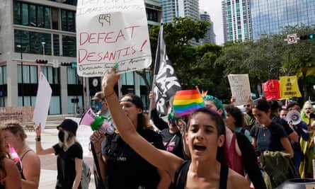 A protest against Ron DeSantis in Miami on Wednesday.