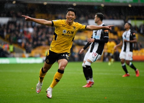 Hwang celebrates scoring his second goal.