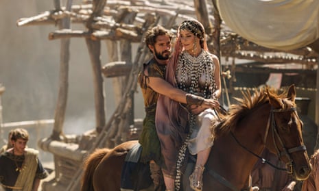 Louis Hunter (Paris) and Bella Dayne (Helen) on horseback in the BBC/Netflix miniseries Troy: Fall of a City.