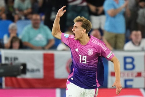 Germany's Nelson Weiper celebrates after scoring his side's first goal during the European U-21 Championship final against England.