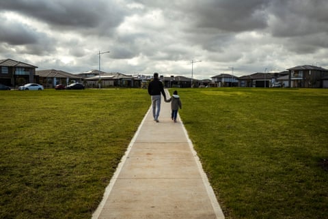 Jade Seenarain with his son Aryan on the Elements estate in Truganina, a suburb on Melbourne’s north-western fringe.