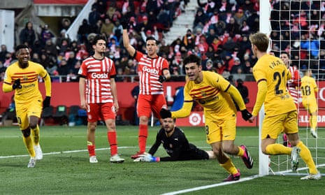 Pedri runs away in celebration after scoring the only goal for Barcelona against Girona.