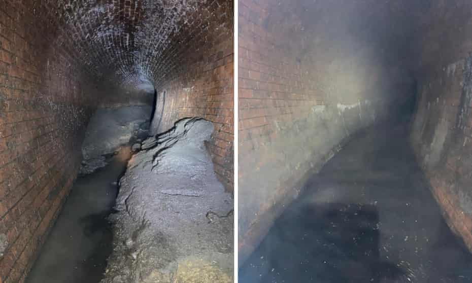 Before and after images of the fatberg in a sewer beneath Yabsley Street, in Canary Wharf, London.