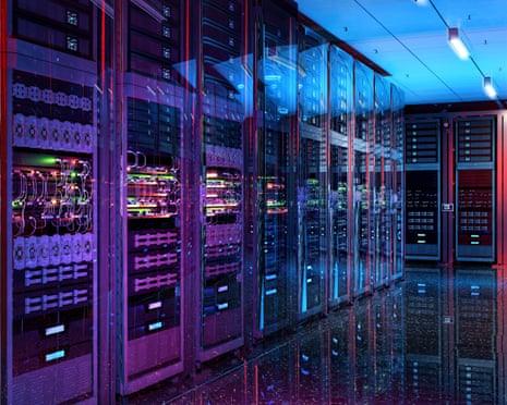 Rows of illuminated server racks glow purple and blue in a futuristic data centre corridor.