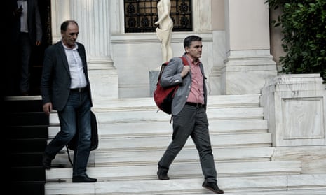 Greek Minister of Finance, Euclides Tsakalotos, and Minister for Economy, Infrastructure, Shipping and Tourism,George Stathakis depart from Maximou Mansion after meeting with Greek Prime Minister Alexis Tsipras. 