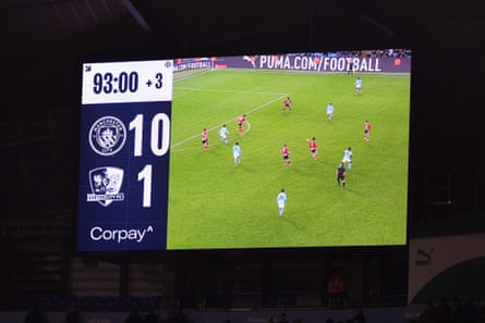 Manchester City scoreboard showing the 10-1 win against Exeter