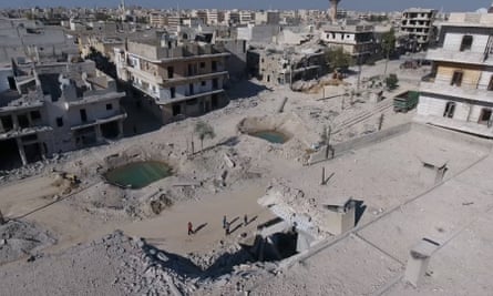 A still image taken from a drone flying over Aleppo in September