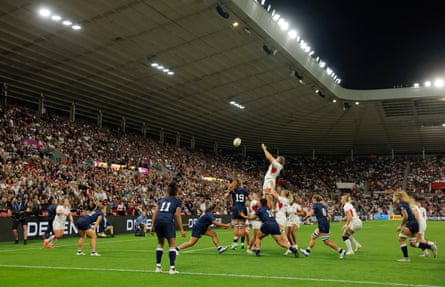 England lock Morwenna Talling catches a lineout during the Women’s Rugby World Cup 2025 Group A match between England and USA.