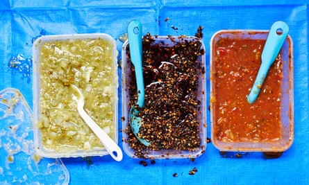Rosa Cienfuegos' salsa recipes (left to right): salsa verde, salsa macha and salsa roja