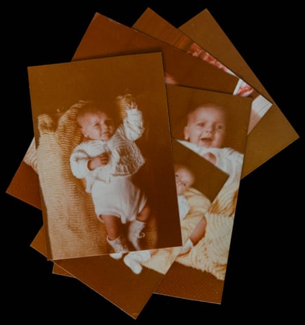 Photographs of David Batty as a baby, overlaid and on a black background