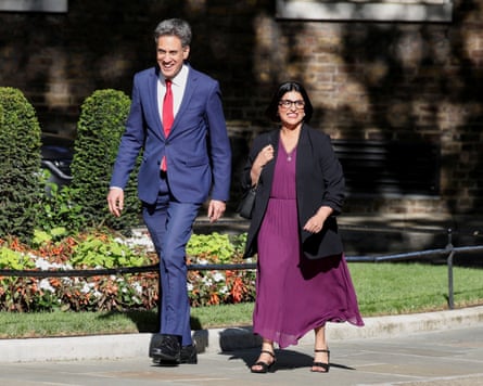 Ed Miliband and Shabana Mahmood walk in Downing Street