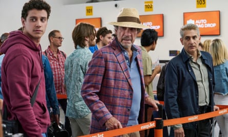 Adam DiMarco, F Murray Abraham and Michael Imperioli at an airport in The White Lotus.
