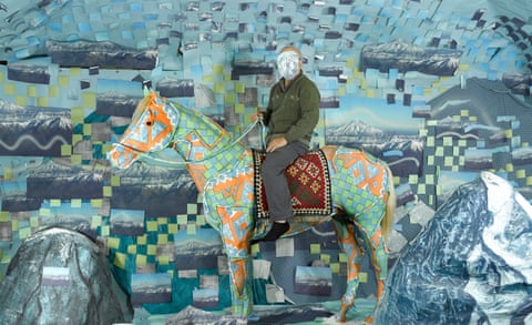 An artwork of a man on a horse