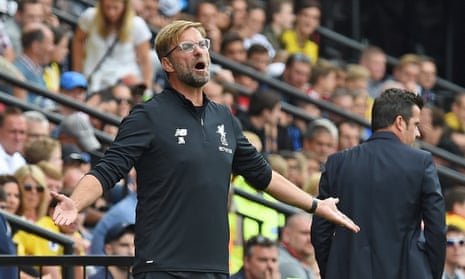 The Liverpool manager, Jürgen Klopp, cuts a frustrated figure during his side’s 3-3 draw at Watford.