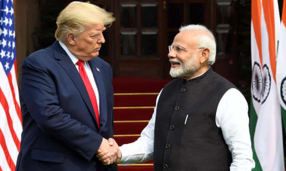 Donald Trump shakes hands with Narendra Modi before their meeting at Hyderabad House in New Delhi