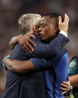Didier Deschamps embraces Patrice Evra after France’s 2-0 victory over Germany in the Euro 2016 semi-final.