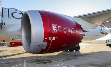Virgin Atlantic’s flight 100, the first commercial airplane to be making a transatlantic flight with 100% alternative fuels, at Heathrow airport.