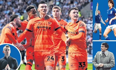 Left to right: Ipswich Town manager Kieran McKenna, Kieffer Moore (centre) celebrates during Tuesday’s win at Coventry; former players Kieron Dyer and Paul Mariner and legendary manager Bobby Robson.