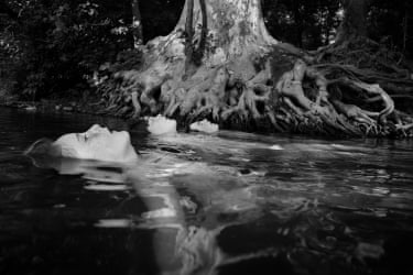Three boys floating on their backs, only their faces above the water