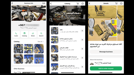 An arms dealer using a WhatsApp Business account to sell a golden Glock handgun