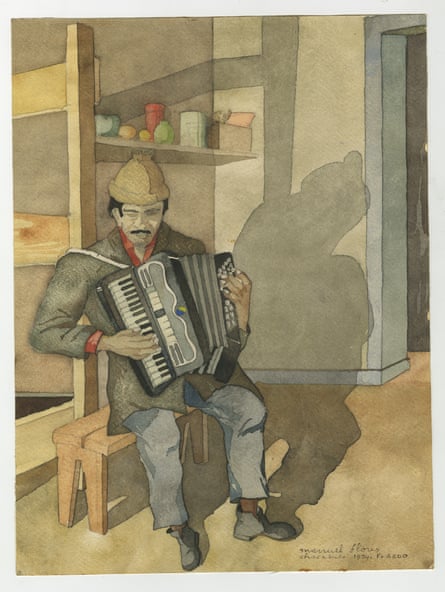 A watercolour painted in Chacabuco concentration camp. The artist (Francisco Aedo) is one of the “disappeared”, however the musician portrayed survived