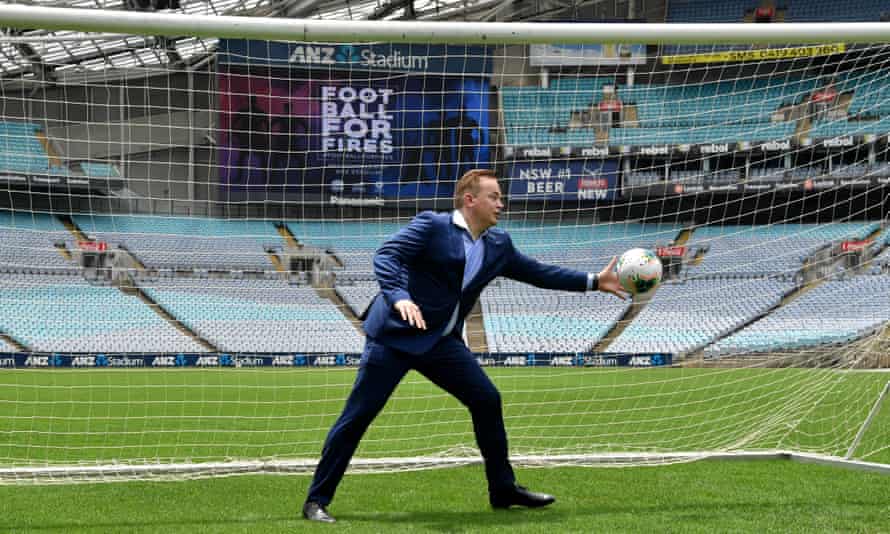 Mark Bosnich saves a ball in the goal during the Football for Fires fundraiser launch in Sydney on Tuesday, January 29, 2020