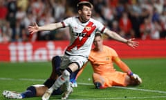 Rayo Vallecano’s Fran García celebrates after putting his side 2-0 ahead