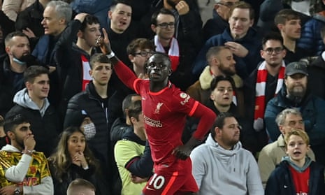 Liverpool’s Sadio Mane celebrates after scoring their first goal.