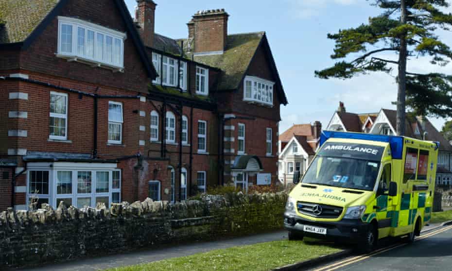 An ambulance arrives at a care home in Dorset, UK.