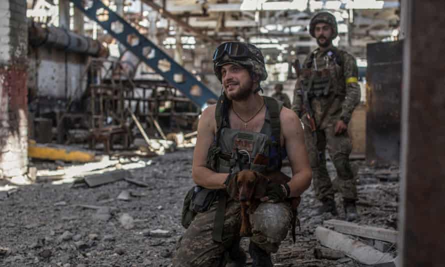 A Ukrainian service member pets a dog in the industrial area of the city of Sievierodonetsk.