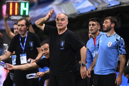 Marcelo Bielsa reacts as his side beat Argentina 2-0 in a World Cup qualifier at La Bombonera in Buenos Aires
