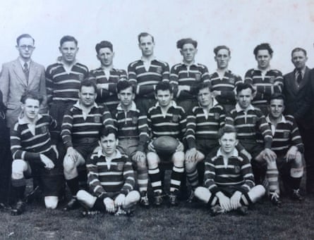 Austin Hobbs, holding the ball, was captain of a Cornwall rugby youth team in the early 1950s