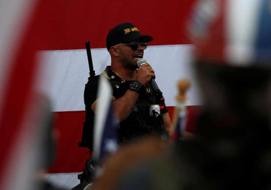   Enrique Barrio, leader of the Proud Boys, speaks at a rally in Portland, Oregon, on September 26.
