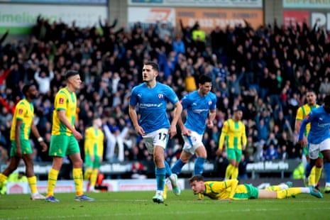 Chesterfield’s Armando Dobra celebrates scoring his side’s second goal of the game.