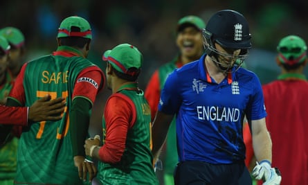 Morgan departs for a duck during the 2015 World Cup defeat to Bangladesh.