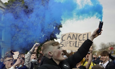 Chelsea fans protest against the proposed European Super League in April 2021
