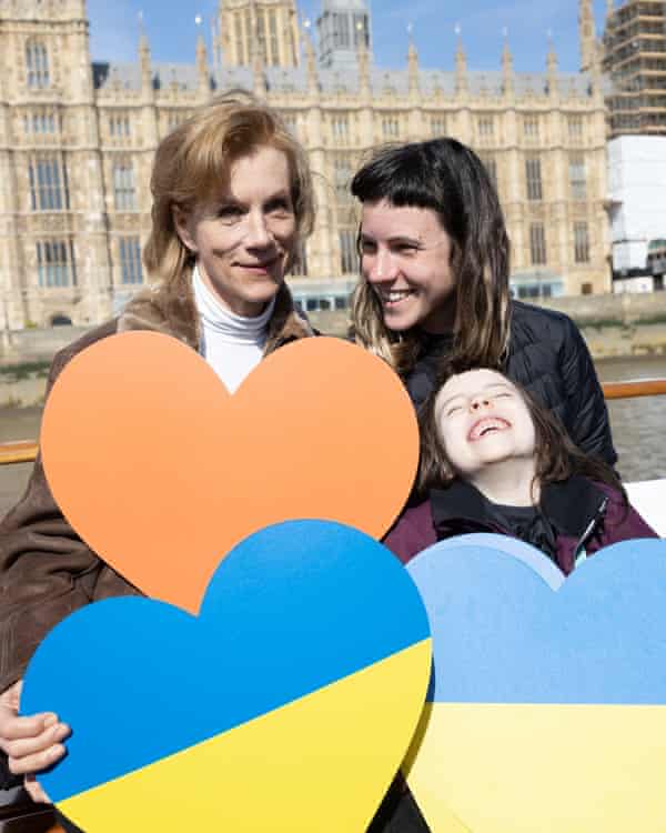 Juliet Stevenson with Dartsa and Orysia on the boat.