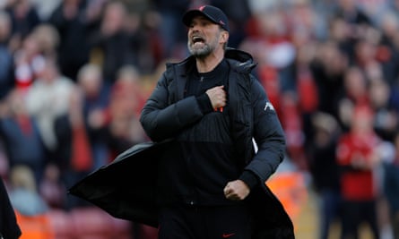 Jürgen Klopp celebrates after the Premier League match between Liverpool and Everton at Anfield.