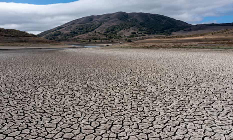 A cracked lake bed at Nicasio Reservoir in 2021 during a drought in Nicasio, California.