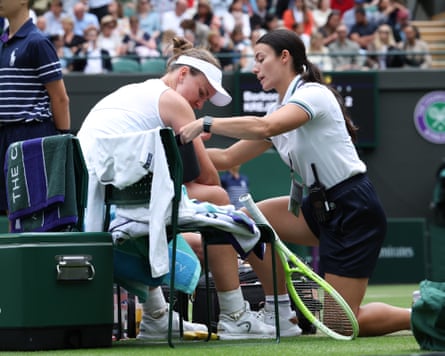 Barbora Krejcikova has her blood pressure measured during her defeat by Emma Navarro.