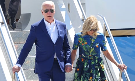 Joe and Jill Biden disembark Air Force One as they arrive at Harrisburg International Airport on July 07, 2024, in Pennsylvania.