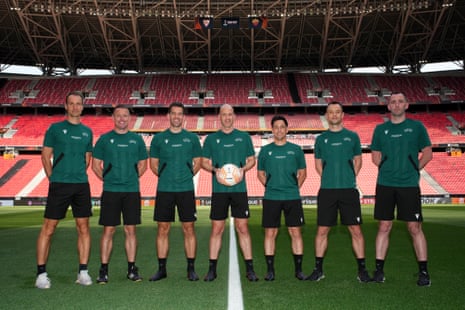 What could possibly go wrong? (Left to right): Bastian Dankert, Stuart Burt, Adam Nunn, Anthony Taylor, Gary Beswick, Stuart Attwell and Chris Kavanagh pose ahead of tonight’s Europa League final.