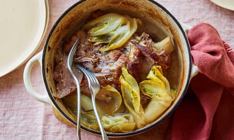 Simon Hopkinson’s pot-roast shoulder of lamb with endives.