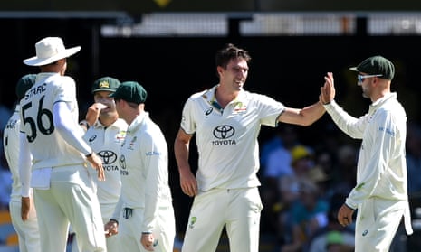 Australia’s Pat Cummins celebrates the wicket of Kirk McKenzie in the Second Test against West Indies.