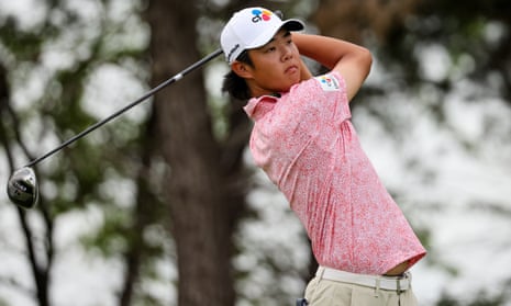 Kris Kim (right) tees off on the 14th during the second-round in Texas.