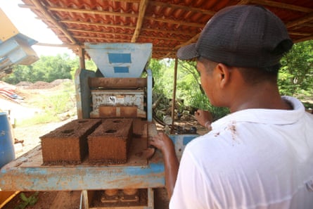 Bricks, known as Sargablock, made from sargassum in Puerto Morelos, Mexico.