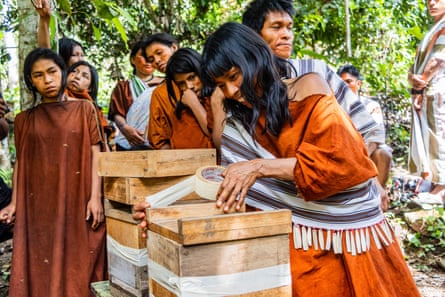A group of people repairing a bee hive